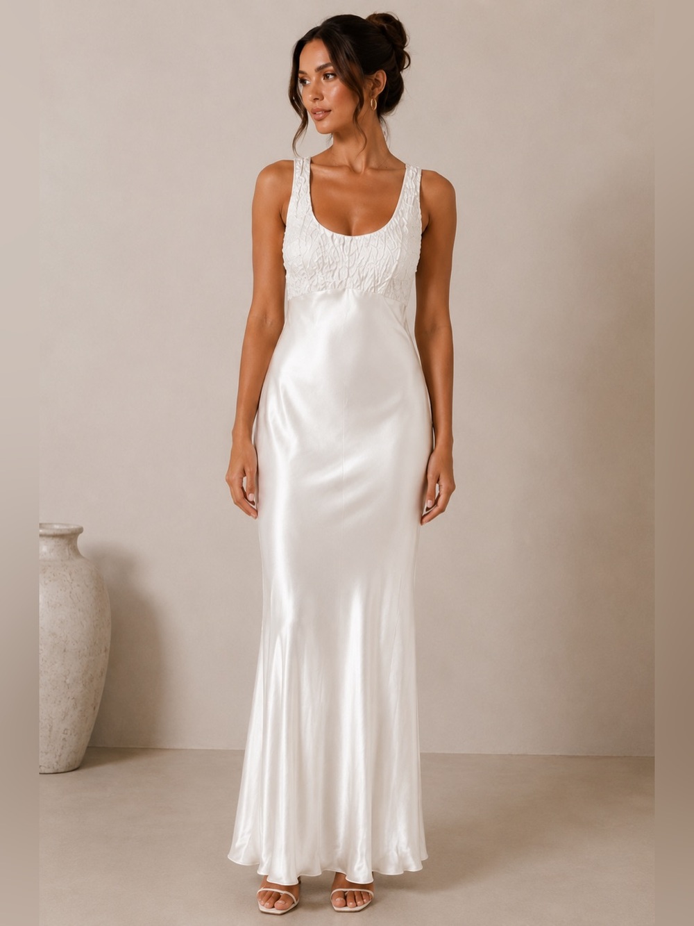 Vintage Cache Off-White Satin Maxi Dress | Small | Crinkled Bodice | Formal - Picture 1 of 9